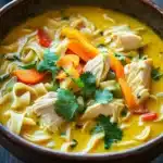 Yellow curry chicken noodle soup - the image is a close-up of a bowl of soup. the soup appears to be a creamy yellow color with chunks of chicken and vegetables mixed in. the bowl is made of dark brown ceramic and is sitting on a wooden table. there are also some fresh cilantro leaves scattered throughout the soup, adding a pop of green color to the dish. the background is blurred, but it seems to be an outdoor setting with greenery.