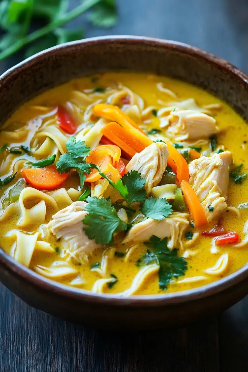 Yellow curry chicken noodle soup - the image is a close-up of a bowl of soup. the soup appears to be a creamy yellow color with chunks of chicken and vegetables mixed in. the bowl is made of dark brown ceramic and is sitting on a wooden table. there are also some fresh cilantro leaves scattered throughout the soup, adding a pop of green color to the dish. the background is blurred, but it seems to be an outdoor setting with greenery.