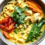 Yellow curry chicken noodle soup - the image is a close-up of a bowl of soup. the soup appears to be a creamy yellow color with chunks of chicken and vegetables mixed in. the bowl is made of ceramic and has a brown rim. on top of the soup, there are sliced carrots, red bell peppers, and green peas. there is also a sprig of cilantro on top. the noodles are thin and yellow, and the soup is garnished with fresh cilantro leaves. the background is a white marble countertop.