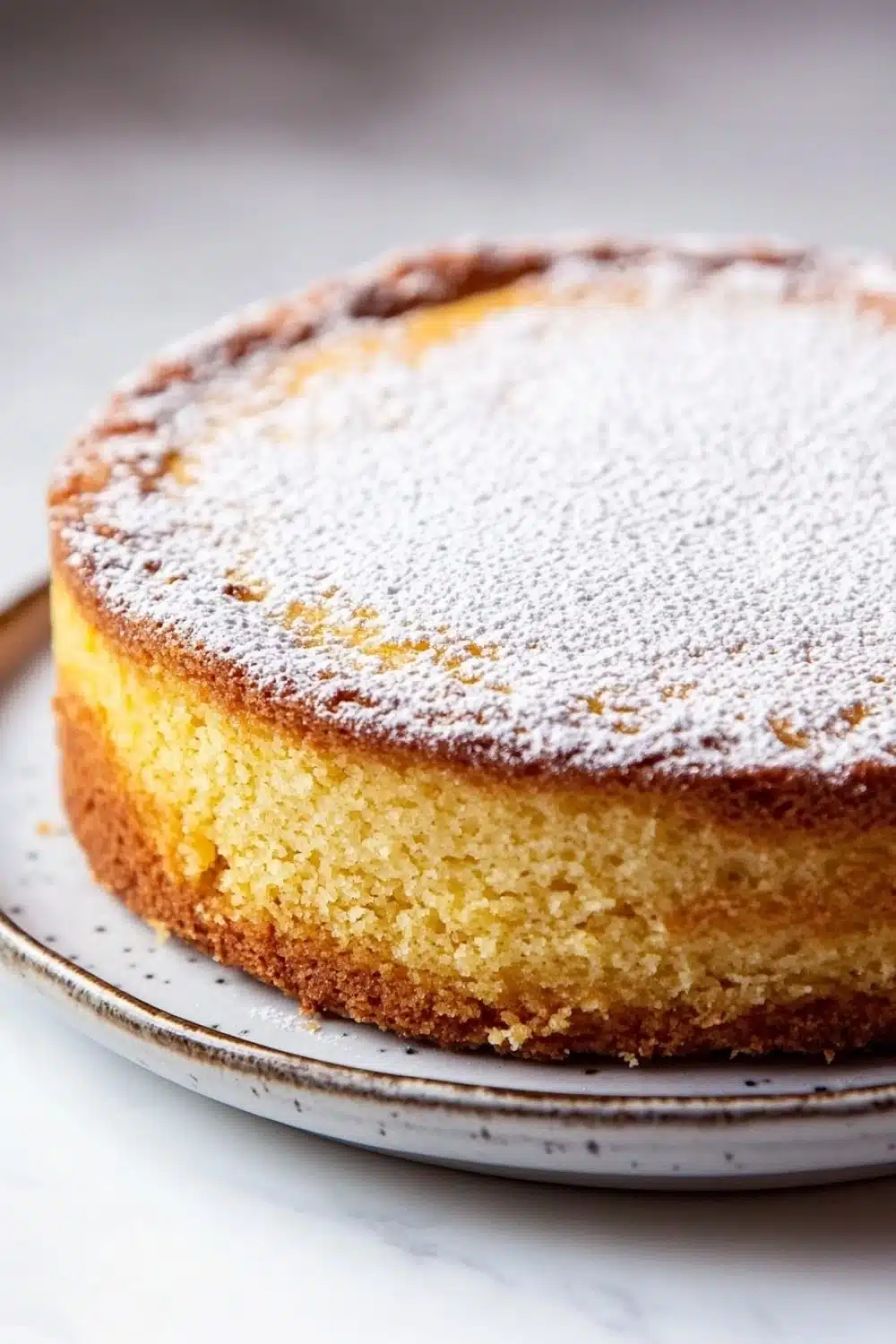 Yellow lemon cake design - the image is a close-up of a round cake on a white plate. the cake appears to be a yellowish-orange color and has a smooth texture. it is dusted with a generous amount of powdered sugar, giving it a shiny appearance. the plate is sitting on a marble countertop, and the background is blurred, making the cake the focal point of the image.