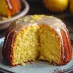 Yellow lemon cake design - the image shows a slice of lemon bundt cake on a blue and white plate. the cake has a golden brown color and is drizzled with a white glaze. the glaze is dripping down the sides of the cake, creating a smooth and glossy texture. in the background, there are several lemons on a wooden table. the overall mood of the image is warm and inviting.