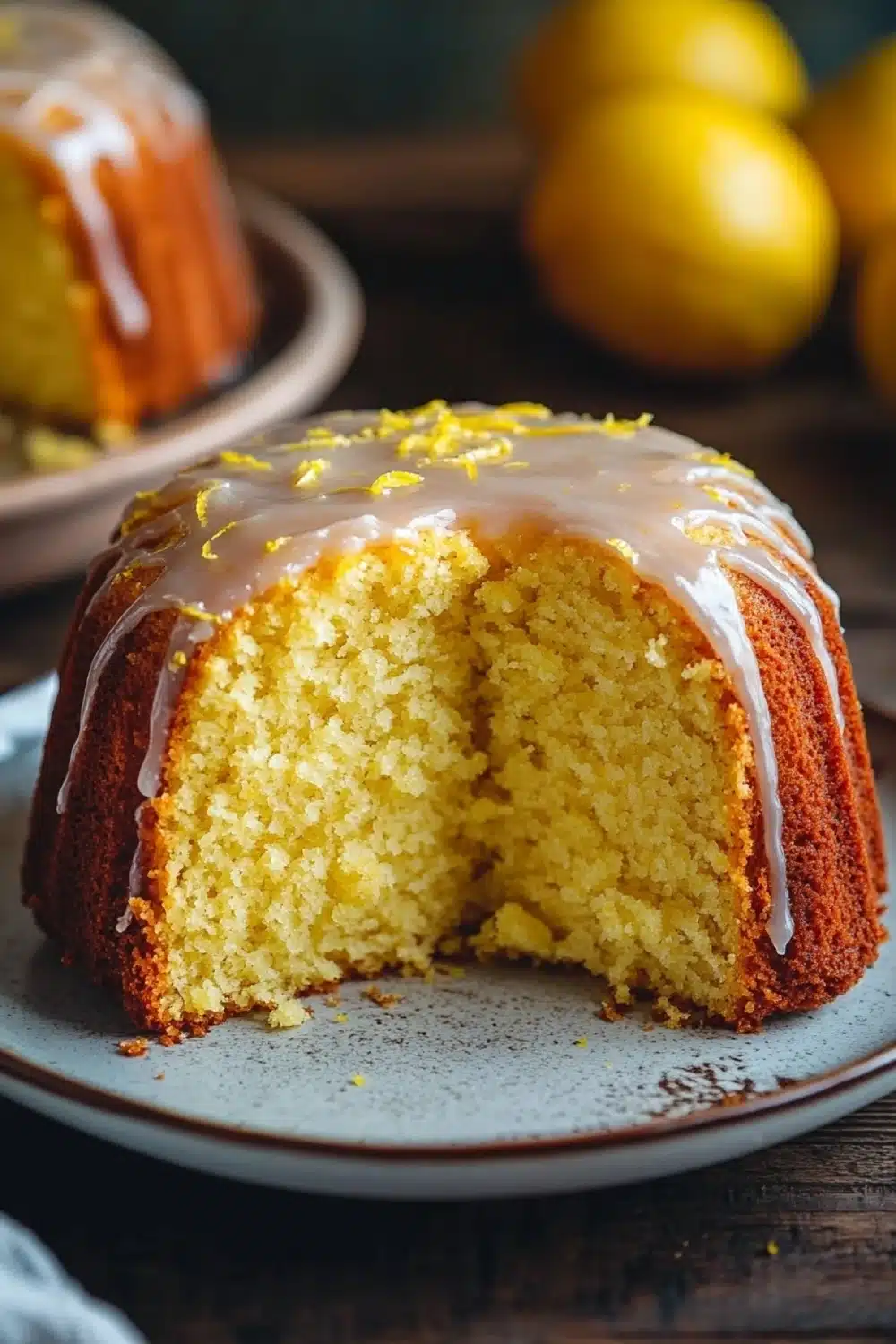 Yellow lemon cake design - the image shows a slice of lemon bundt cake on a blue and white plate. the cake has a golden brown color and is drizzled with a white glaze. the glaze is dripping down the sides of the cake, creating a smooth and glossy texture. in the background, there are several lemons on a wooden table. the overall mood of the image is warm and inviting.