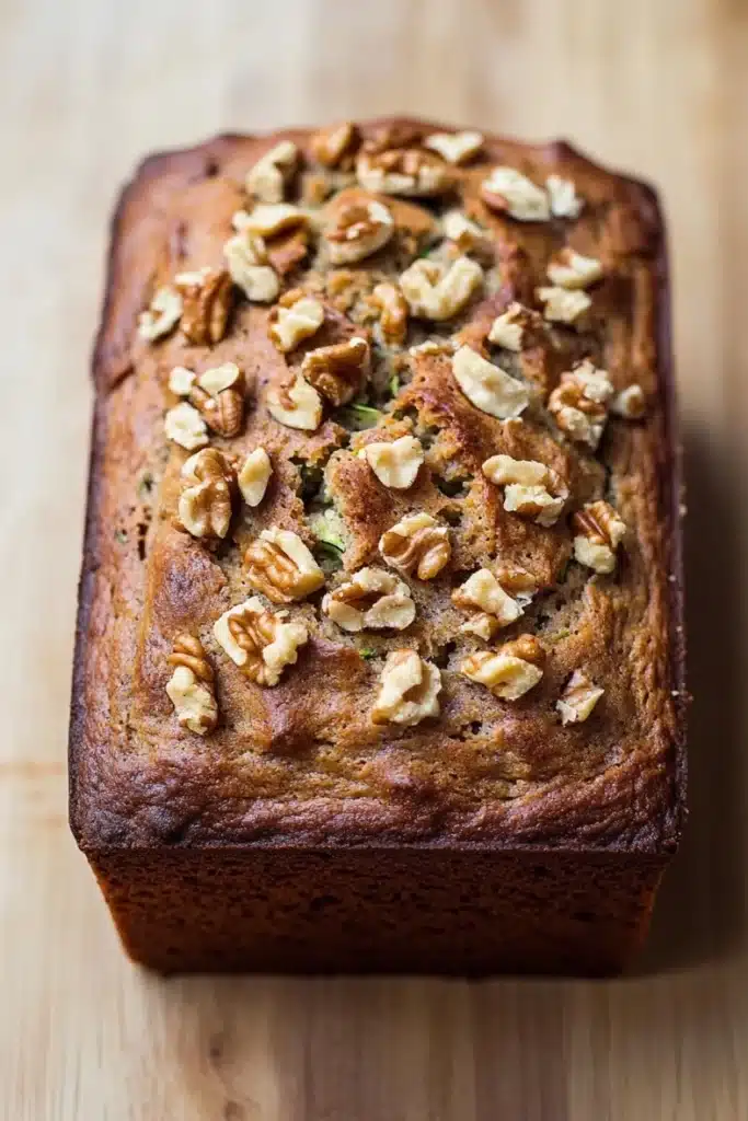 Zucchini bread almond flour - the image is a close-up of a loaf of bread on a wooden surface. the bread appears to be freshly baked and has a golden brown crust on top. it is topped with chopped walnuts, giving it a crunchy texture. the walnuts are arranged in a scattered manner, with some overlapping each other. the loaf is slightly tilted to the side, and the background is blurred, making the bread the focal point of the image.