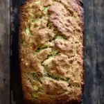 Zucchini bread almond flour - the image is a close-up of a freshly baked loaf of bread on a wooden surface. the bread appears to be golden brown in color and has a crumbly texture on top. it is filled with zucchini and other vegetables, which are visible through the bread. the zucchinis are arranged in a zigzag pattern, with some overlapping each other. the loaf is slightly tilted to the side, and the edges of the bread are slightly curled. the background is dark and weathered, giving the image a rustic feel.