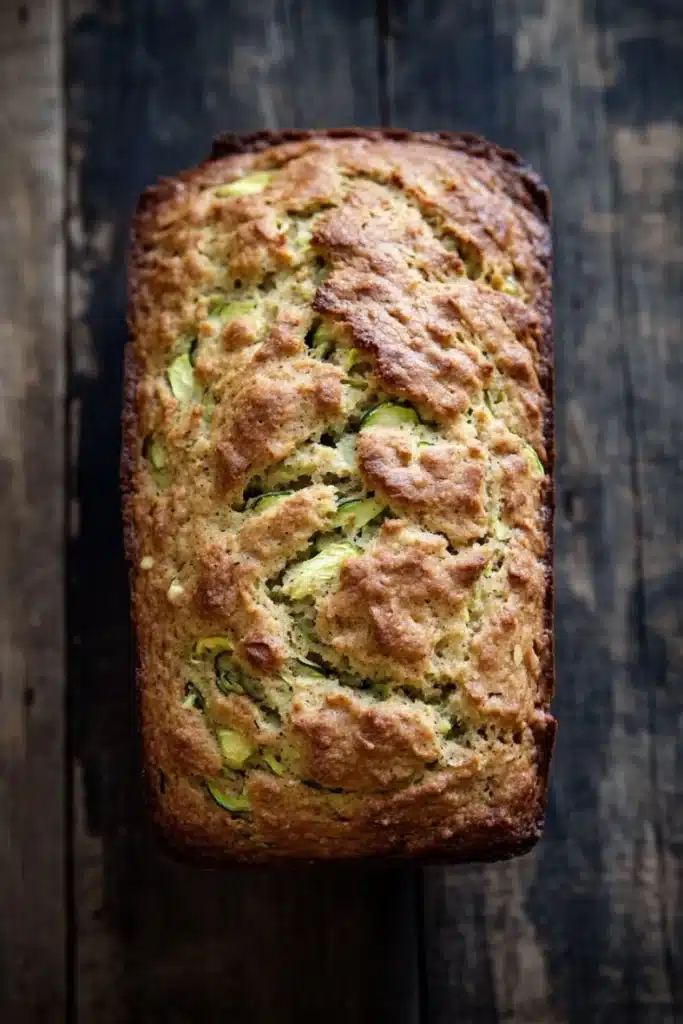 Zucchini bread almond flour - the image is a close-up of a freshly baked loaf of bread on a wooden surface. the bread appears to be golden brown in color and has a crumbly texture on top. it is filled with zucchini and other vegetables, which are visible through the bread. the zucchinis are arranged in a zigzag pattern, with some overlapping each other. the loaf is slightly tilted to the side, and the edges of the bread are slightly curled. the background is dark and weathered, giving the image a rustic feel.
