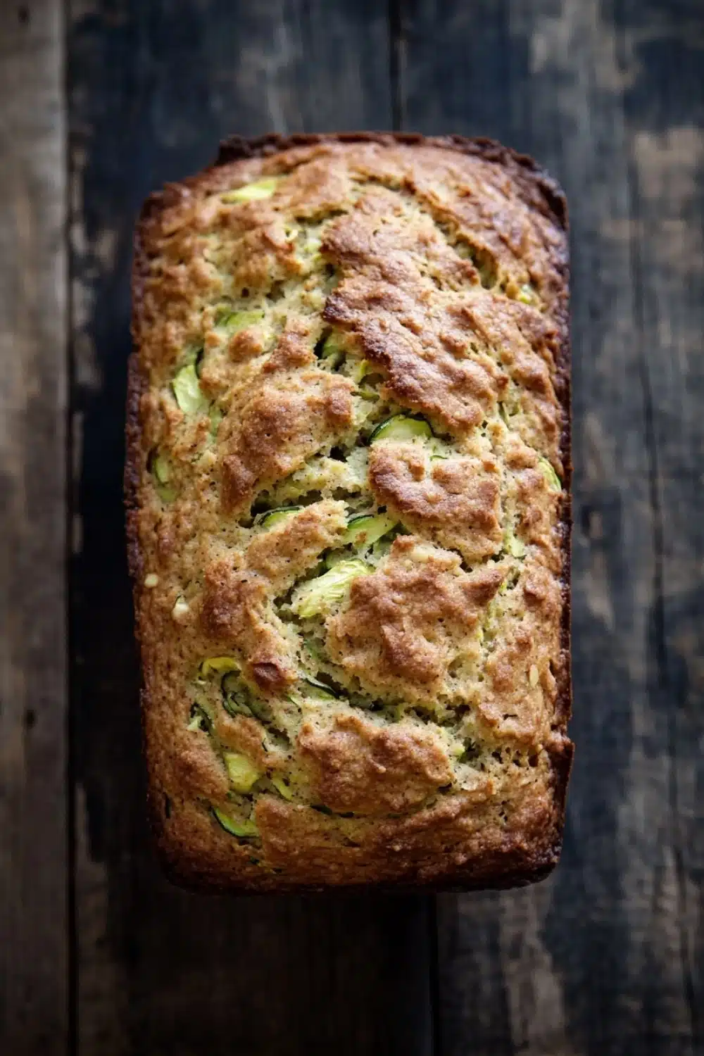 Zucchini bread almond flour - the image is a close-up of a freshly baked loaf of bread on a wooden surface. the bread appears to be golden brown in color and has a crumbly texture on top. it is filled with zucchini and other vegetables, which are visible through the bread. the zucchinis are arranged in a zigzag pattern, with some overlapping each other. the loaf is slightly tilted to the side, and the edges of the bread are slightly curled. the background is dark and weathered, giving the image a rustic feel.