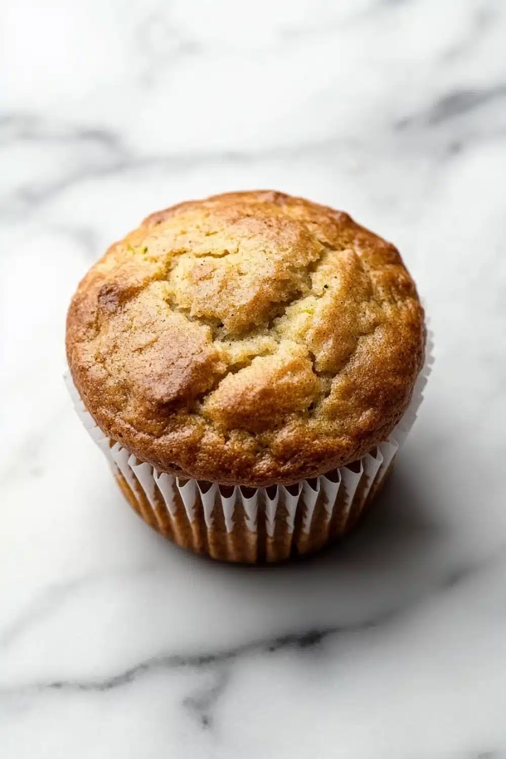 Zucchini lemon muffin - the image is a close-up of a freshly baked muffin on a white marble surface. the muffin is round and golden brown in color, with a crumbly texture on top. it appears to be freshly baked and has a soft, fluffy interior. the edges of the muffin are lined with white paper liners. the background is blurred, making the muffins the focal point of the image.