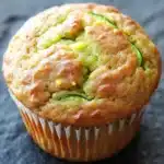 Zucchini lemon muffin - the image is a close-up of a freshly baked zucchini muffin. the muffin is golden brown in color and has a crumbly texture. it is sitting on a dark grey textured surface. the top of the muffin has a bite taken out of it, revealing the zucchinis inside. the zucchi pieces are visible through the muffins, and they appear to be soft and fluffy.