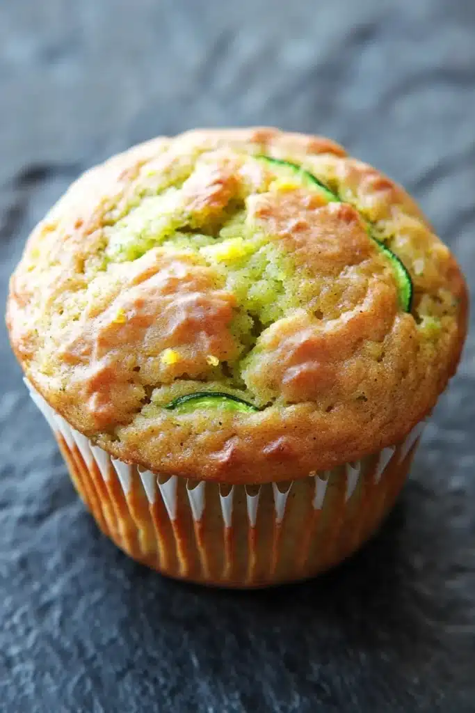 Zucchini lemon muffin - the image is a close-up of a freshly baked zucchini muffin. the muffin is golden brown in color and has a crumbly texture. it is sitting on a dark grey textured surface. the top of the muffin has a bite taken out of it, revealing the zucchinis inside. the zucchi pieces are visible through the muffins, and they appear to be soft and fluffy.