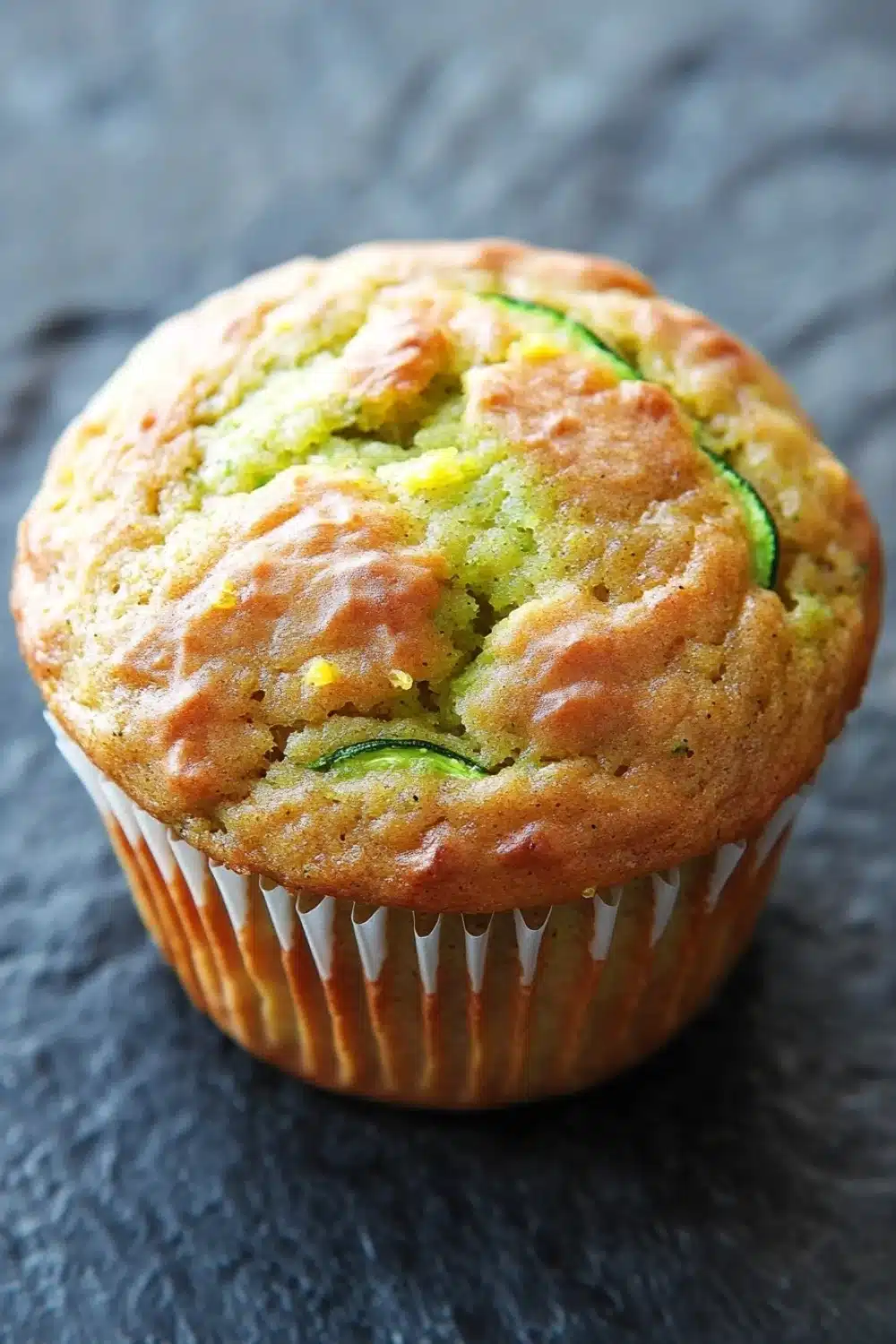 Zucchini lemon muffin - the image is a close-up of a freshly baked zucchini muffin. the muffin is golden brown in color and has a crumbly texture. it is sitting on a dark grey textured surface. the top of the muffin has a bite taken out of it, revealing the zucchinis inside. the zucchi pieces are visible through the muffins, and they appear to be soft and fluffy.