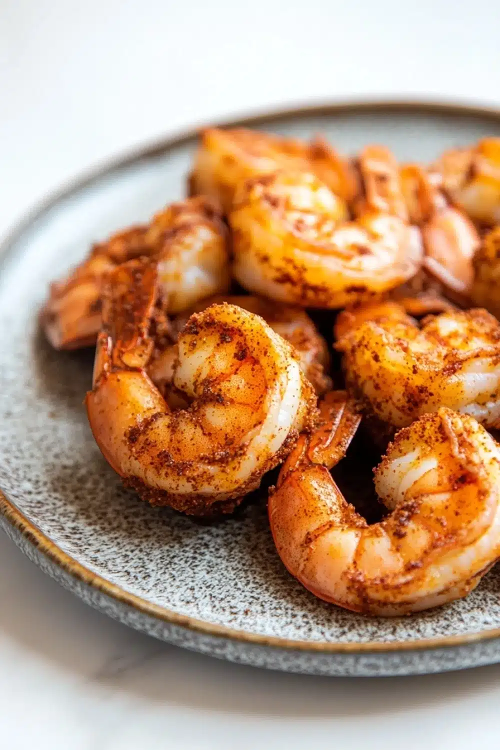 Air fryer carribean jerk shrimp - the image shows a plate of cooked shrimp on a white tablecloth. the shrimp are arranged in a circular pattern on the plate, with some overlapping each other. they are golden brown and appear to be seasoned with herbs and spices. the plate is made of a light-colored ceramic or porcelain material with a speckled texture. the background is blurred, making the shrimp the focal point of the image.
