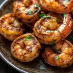 Air fryer carribean jerk shrimp - the image shows a plate of cooked shrimp on a wooden table. the shrimp are cooked to a golden brown color and have a crispy texture. they are garnished with chopped parsley, adding a pop of green color to the dish. the plate is made of dark wood and has a textured surface. the background is blurred, making the shrimp the focal point of the image.