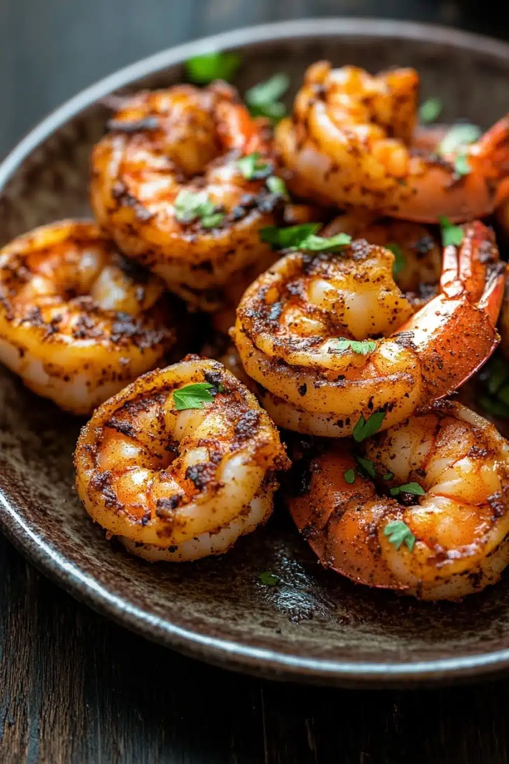 Air fryer carribean jerk shrimp - the image shows a plate of cooked shrimp on a wooden table. the shrimp are cooked to a golden brown color and have a crispy texture. they are garnished with chopped parsley, adding a pop of green color to the dish. the plate is made of dark wood and has a textured surface. the background is blurred, making the shrimp the focal point of the image.