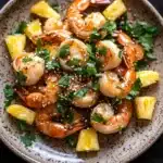 Air fryer hawaiian shrimp - the image is a close-up of a plate of food. the plate is round and has a speckled texture. on top of the plate, there are several cooked shrimp with sesame seeds sprinkled on top. the shrimp are orange in color and appear to be seasoned with herbs and spices. there are also small pieces of pineapple scattered around the plate. the dish is garnished with fresh cilantro leaves. the background is a dark wooden table.