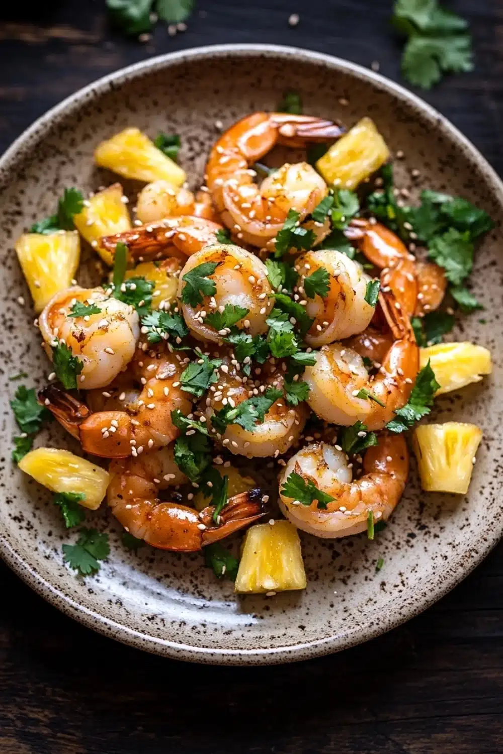 Air fryer hawaiian shrimp - the image is a close-up of a plate of food. the plate is round and has a speckled texture. on top of the plate, there are several cooked shrimp with sesame seeds sprinkled on top. the shrimp are orange in color and appear to be seasoned with herbs and spices. there are also small pieces of pineapple scattered around the plate. the dish is garnished with fresh cilantro leaves. the background is a dark wooden table.
