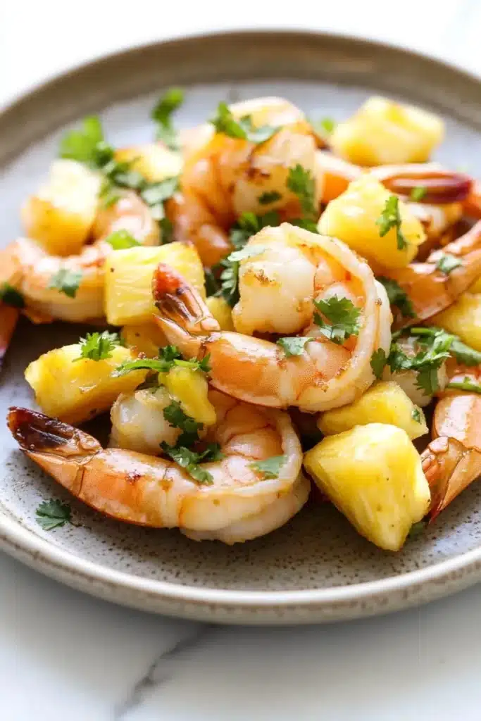 Air fryer hawaiian shrimp - the image shows a plate of cooked shrimp and pineapple salad. the shrimp are cooked medium-sized and have a pinkish-orange color. they are arranged in a circular pattern on the plate, with some pieces of pineapple scattered around them. the pineapple is cut into small cubes and is garnished with a sprig of fresh parsley. the dish is served on a white marble countertop.