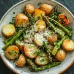 Air fryer potato and asparagus - the image is a close-up of a plate of roasted potatoes and asparagus. the potatoes are golden brown and appear to be seasoned with herbs and grated parmesan cheese. the asparaglips are arranged in a circular pattern on the plate, with some of them overlapping each other. the plate is white with a light brown rim and is placed on a dark grey textured surface. the overall presentation of the dish is elegant and appetizing.