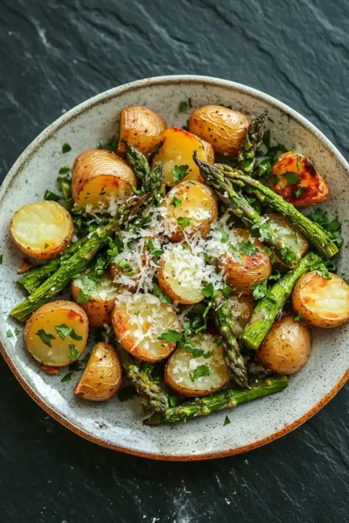 Air fryer potato and asparagus - the image is a close-up of a plate of roasted potatoes and asparagus. the potatoes are golden brown and appear to be seasoned with herbs and grated parmesan cheese. the asparaglips are arranged in a circular pattern on the plate, with some of them overlapping each other. the plate is white with a light brown rim and is placed on a dark grey textured surface. the overall presentation of the dish is elegant and appetizing.