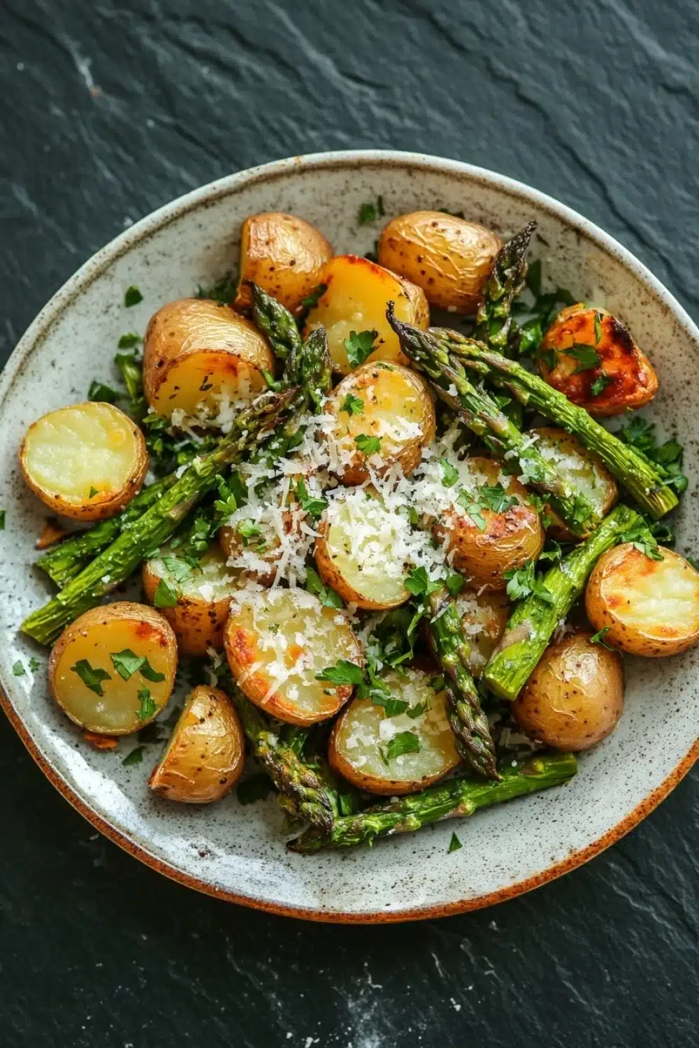 Air fryer potato and asparagus - the image is a close-up of a plate of roasted potatoes and asparagus. the potatoes are golden brown and appear to be seasoned with herbs and grated parmesan cheese. the asparaglips are arranged in a circular pattern on the plate, with some of them overlapping each other. the plate is white with a light brown rim and is placed on a dark grey textured surface. the overall presentation of the dish is elegant and appetizing.