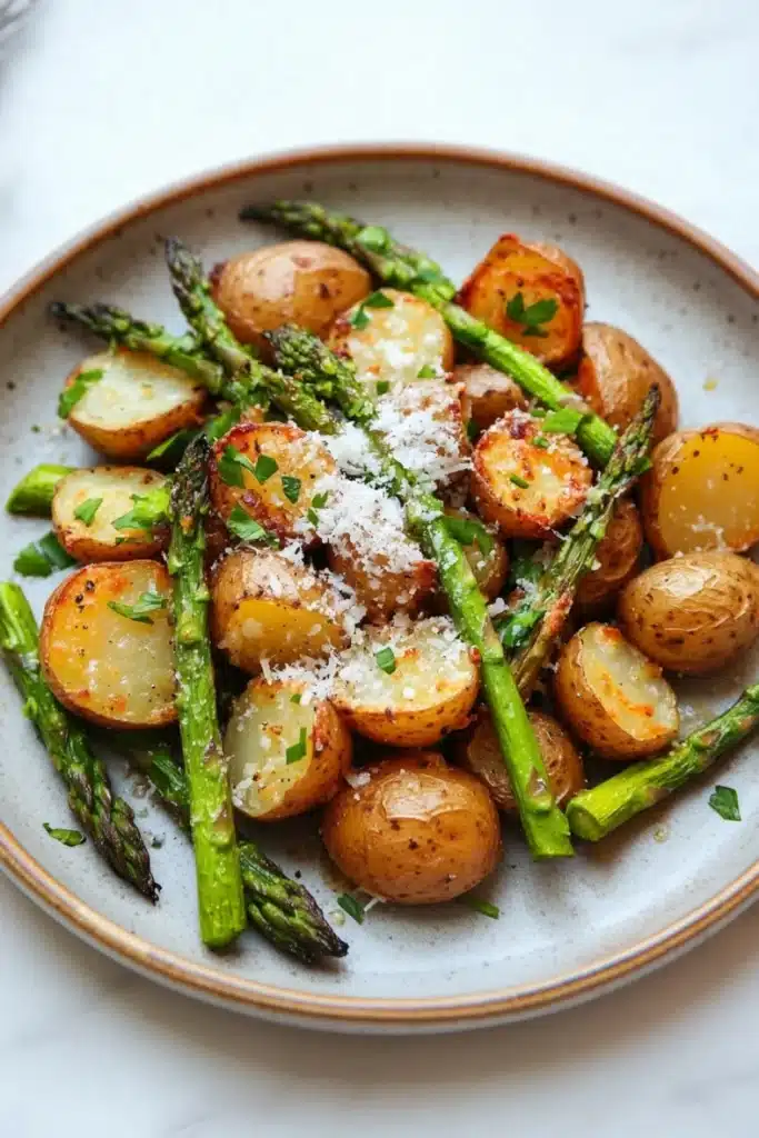 Air fryer potato and asparagus - the image is a close-up of a plate of roasted potatoes and asparagus. the potatoes are golden brown and appear to be seasoned with herbs and grated parmesan cheese. the asparaglips are arranged in a circular pattern on the plate, with some of them overlapping each other. the plate is white with a light blue rim and is placed on a white marble countertop. there is a fork and knife on the side of the plate. the overall presentation of the dish is elegant and appetizing.