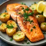Air fryer salmon and potatoes - the image shows a plate of cooked salmon with roasted potatoes. the salmon is cooked to a golden brown color and is garnished with fresh parsley. the potatoes are golden brown and appear to be seasoned with herbs and spices. there are also slices of lemon on the plate, adding a pop of color to the dish. the plate is on a dark grey countertop.
