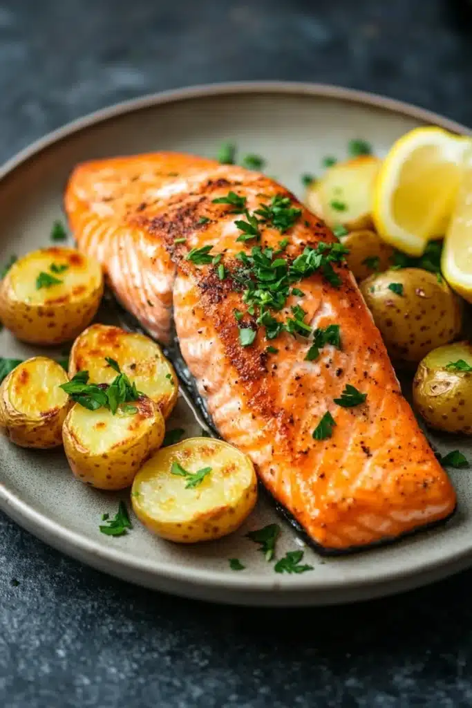 Air fryer salmon and potatoes - the image shows a plate of cooked salmon with roasted potatoes. the salmon is cooked to a golden brown color and is garnished with fresh parsley. the potatoes are golden brown and appear to be seasoned with herbs and spices. there are also slices of lemon on the plate, adding a pop of color to the dish. the plate is on a dark grey countertop.