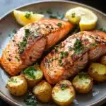 Air fryer salmon and potatoes - the image shows a plate of cooked salmon with roasted potatoes. the salmon is cooked to a golden brown color and is garnished with fresh herbs and lemon wedges. the potatoes are golden brown and appear to be seasoned with herbs. the plate is on a dark grey countertop and there is another plate in the background with more salmon and potatoes.