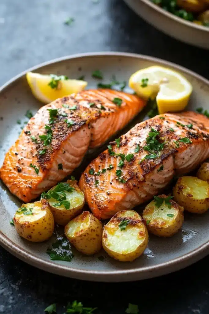 Air fryer salmon and potatoes - the image shows a plate of cooked salmon with roasted potatoes. the salmon is cooked to a golden brown color and is garnished with fresh herbs and lemon wedges. the potatoes are golden brown and appear to be seasoned with herbs. the plate is on a dark grey countertop and there is another plate in the background with more salmon and potatoes.
