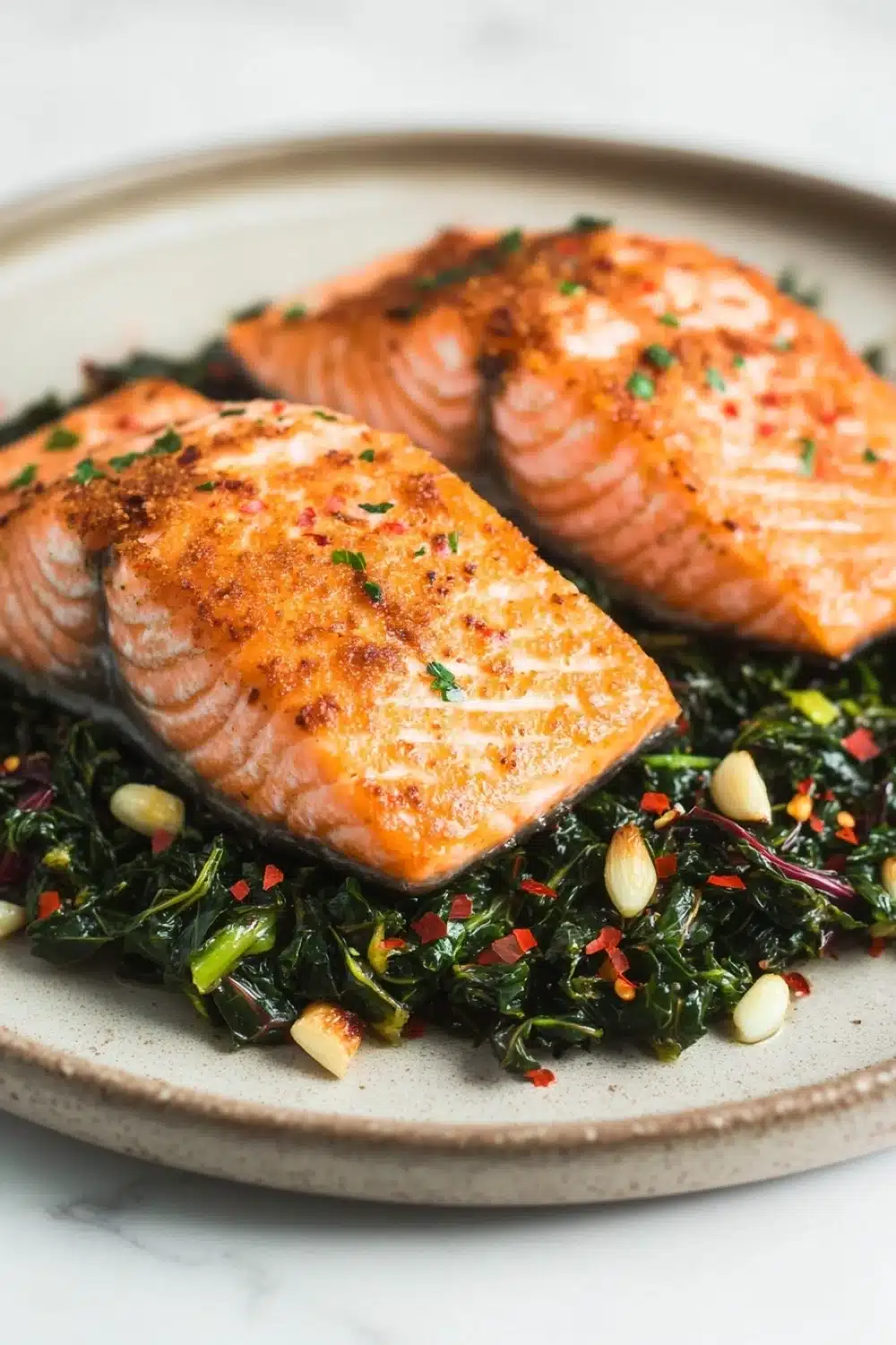 Air fryer salmon and swiss chard - the image shows two pieces of salmon on a plate. the salmon is cooked to a golden brown color and appears to be seasoned with herbs and spices. the plate is white and has a textured surface. on top of the salmon, there is a bed of greens, including collard greens, red onions, and pine nuts. the greens are mixed with the salmon and the pine nuts, creating a colorful and appetizing dish. the background is blurred, making the salmon the focal point of the image.
