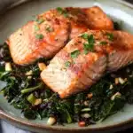 Air fryer salmon and swiss chard - the image shows two pieces of salmon on a plate. the salmon is cooked to a golden brown color and appears to be seasoned with herbs and spices. the plate is light blue and has a textured surface. on top of the salmon, there is a bed of greens, including collard greens, red cabbage, and pine nuts. the greens are garnished with chopped parsley. the background is dark and out of focus, making the salmon and greens the focal point of the image.