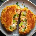 Air fryer salmon cakes - the image shows a plate with two pieces of breaded fish cakes on it. the fish cakes are golden brown and appear to be crispy on the outside. they are cut in half, revealing the filling inside. the filling is a mix of salmon, celery, and other vegetables. the plate is white with a speckled pattern and there are a few sprigs of parsley scattered around the plate. the background is a dark grey countertop.