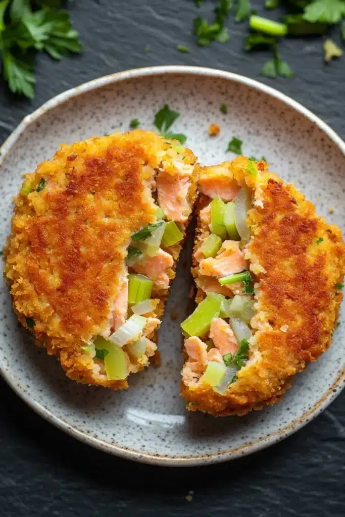 Air fryer salmon cakes - the image shows a plate with two pieces of breaded fish cakes on it. the fish cakes are golden brown and appear to be crispy on the outside. they are cut in half, revealing the filling inside. the filling is a mix of salmon, celery, and other vegetables. the plate is white with a speckled pattern and there are a few sprigs of parsley scattered around the plate. the background is a dark grey countertop.