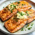 Air fryer salmon garlic butter - the image shows two pieces of salmon on a white marble plate. the salmon is cooked to a golden brown color and appears to be seasoned with herbs and spices. on top of the salmon, there is a dollop of creamy white sauce, which is drizzled over the top. the plate is garnished with chopped parsley, adding a pop of green color to the dish. the background is blurred, but it seems to be a kitchen countertop with a gray and white striped napkin.