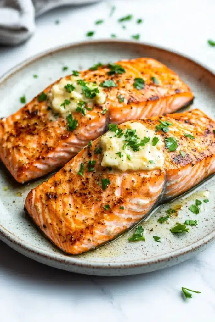 Air fryer salmon garlic butter - the image shows two pieces of salmon on a white marble plate. the salmon is cooked to a golden brown color and appears to be seasoned with herbs and spices. on top of the salmon, there is a dollop of creamy white sauce, which is drizzled over the top. the plate is garnished with chopped parsley, adding a pop of green color to the dish. the background is blurred, but it seems to be a kitchen countertop with a gray and white striped napkin.