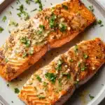 Air fryer salmon garlic butter - the image shows two pieces of salmon on a gray plate. the salmon is cooked to a golden brown color and appears to be seasoned with herbs and spices. the plate is garnished with chopped parsley and grated parmesan cheese. the background is a white marble countertop with a gray napkin on the side.