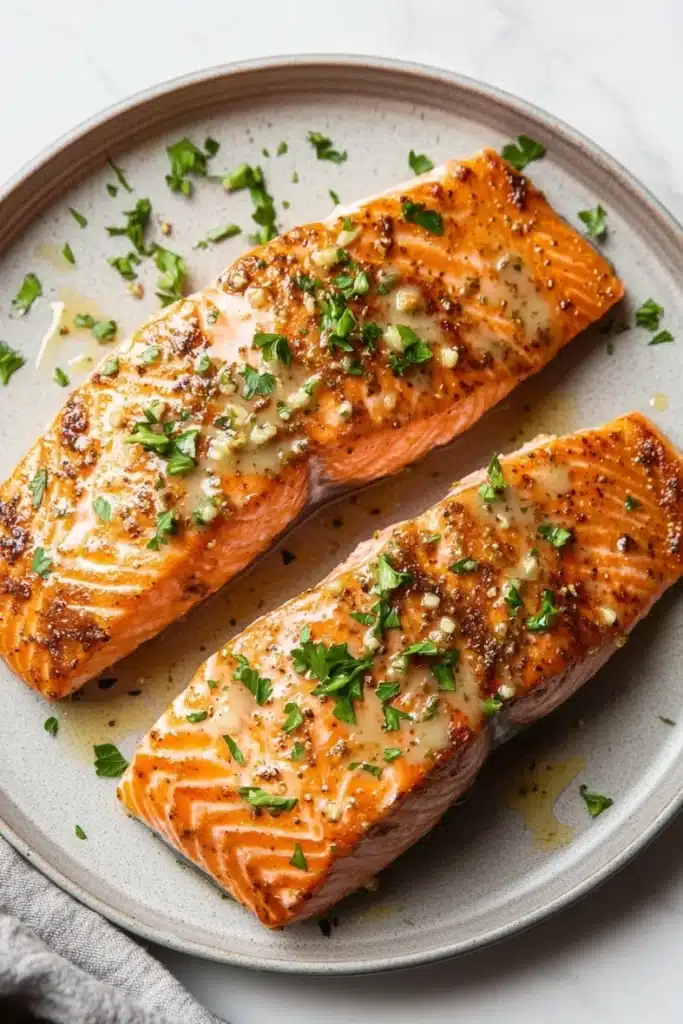 Air fryer salmon garlic butter - the image shows two pieces of salmon on a gray plate. the salmon is cooked to a golden brown color and appears to be seasoned with herbs and spices. the plate is garnished with chopped parsley and grated parmesan cheese. the background is a white marble countertop with a gray napkin on the side.