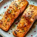 Air fryer salmon hot honey - the image shows two pieces of salmon on a white plate. the salmon is cooked to a golden brown color and appears to be seasoned with herbs and spices. the plate is sitting on a dark grey countertop and there are small red and green peppercorns scattered around the plate, adding a pop of color to the dish. the background is blurred, making the salmon the focal point of the image.
