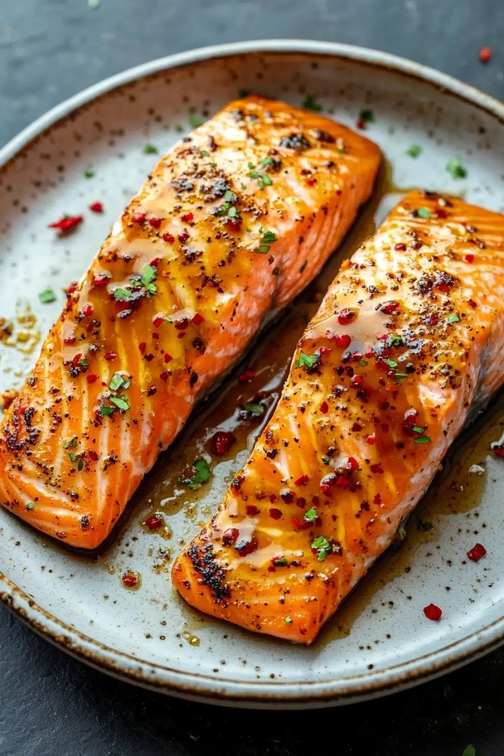 Air fryer salmon hot honey - the image shows two pieces of salmon on a white plate. the salmon is cooked to a golden brown color and appears to be seasoned with herbs and spices. the plate is sitting on a dark grey countertop and there are small red and green peppercorns scattered around the plate, adding a pop of color to the dish. the background is blurred, making the salmon the focal point of the image.