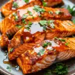 Air fryer salmon hot honey - the image shows a plate of cooked salmon fillets on a dark grey plate. the salmon is cooked to a golden brown color and appears to be seasoned with herbs and spices. the sauce is drizzled over the salmon, giving it a glossy sheen. the plate is garnished with fresh parsley leaves, adding a pop of green color to the dish. the background is blurred, making the salmon the focal point of the image.