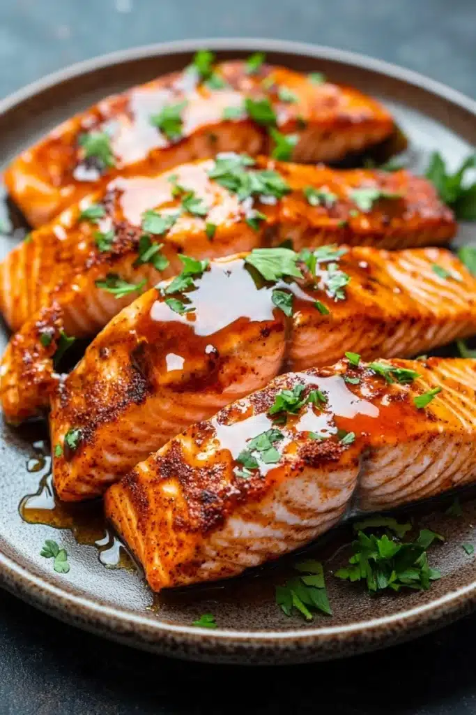 Air fryer salmon hot honey - the image shows a plate of cooked salmon fillets on a dark grey plate. the salmon is cooked to a golden brown color and appears to be seasoned with herbs and spices. the sauce is drizzled over the salmon, giving it a glossy sheen. the plate is garnished with fresh parsley leaves, adding a pop of green color to the dish. the background is blurred, making the salmon the focal point of the image.