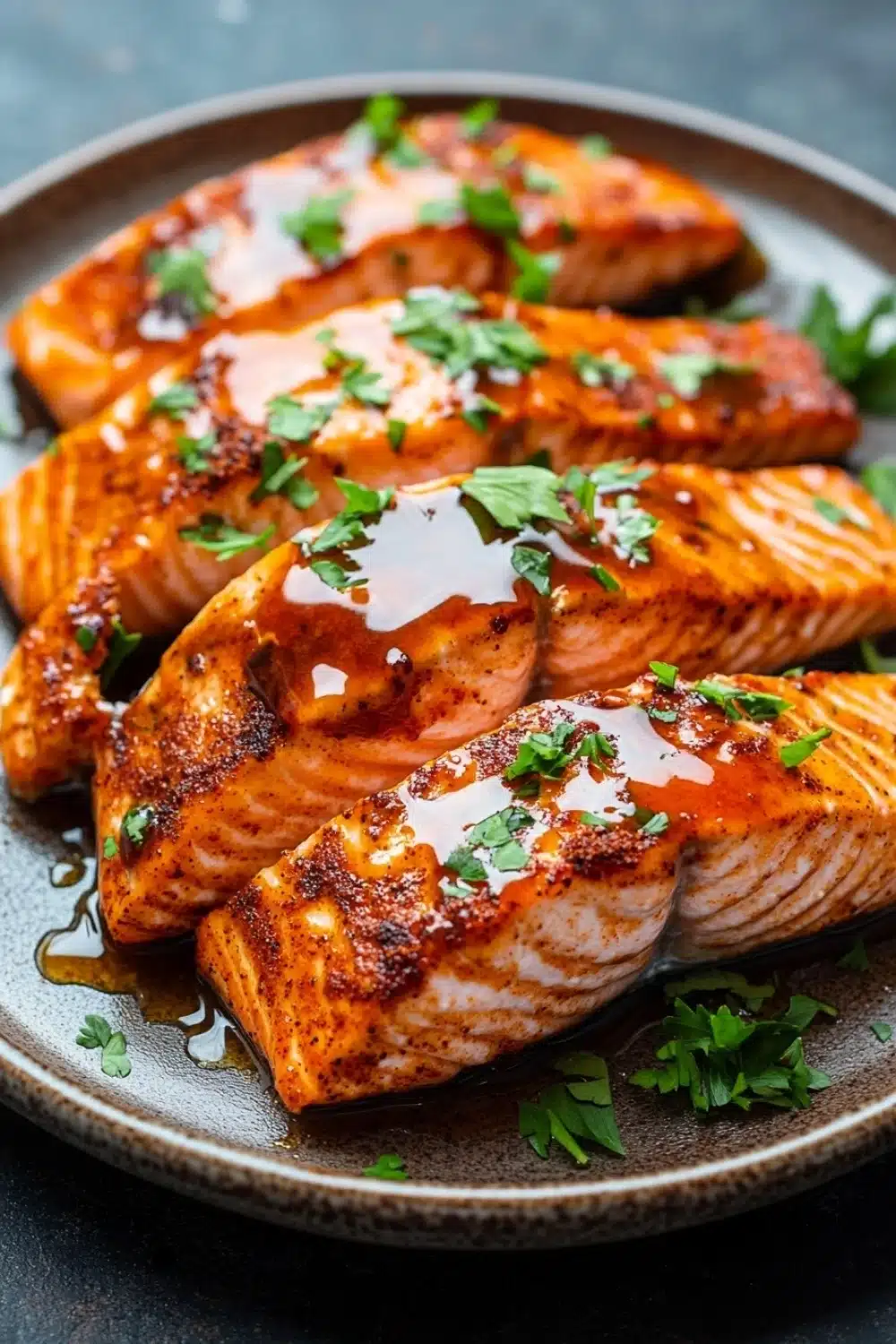 Air fryer salmon hot honey - the image shows a plate of cooked salmon fillets on a dark grey plate. the salmon is cooked to a golden brown color and appears to be seasoned with herbs and spices. the sauce is drizzled over the salmon, giving it a glossy sheen. the plate is garnished with fresh parsley leaves, adding a pop of green color to the dish. the background is blurred, making the salmon the focal point of the image.