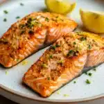 Air fryer salmon lemon - the image shows two pieces of salmon on a white plate. the salmon is cooked to a golden brown color and appears to be seasoned with herbs and spices. there are two lemon wedges on the plate, one on each side of the salmon. the plate is placed on a wooden table with a white background. the overall presentation of the dish is elegant and appetizing.