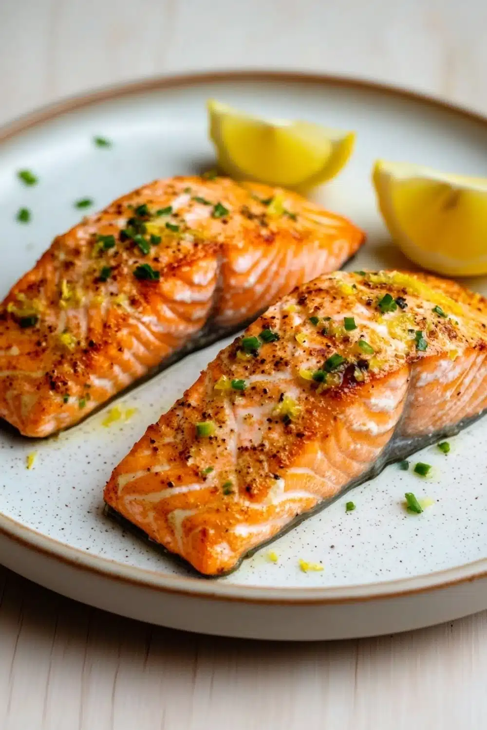 Air fryer salmon lemon - the image shows two pieces of salmon on a white plate. the salmon is cooked to a golden brown color and appears to be seasoned with herbs and spices. there are two lemon wedges on the plate, one on each side of the salmon. the plate is placed on a wooden table with a white background. the overall presentation of the dish is elegant and appetizing.