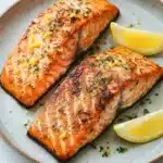 Air fryer salmon lemon - the image shows two pieces of salmon on a gray plate. the salmon is cooked to a golden brown color and appears to be seasoned with herbs and spices. there are two lemon wedges on the plate, one on each side of the salmon. the plate is sitting on a white marble countertop. the background is blurred, making the salmon the focal point of the image.