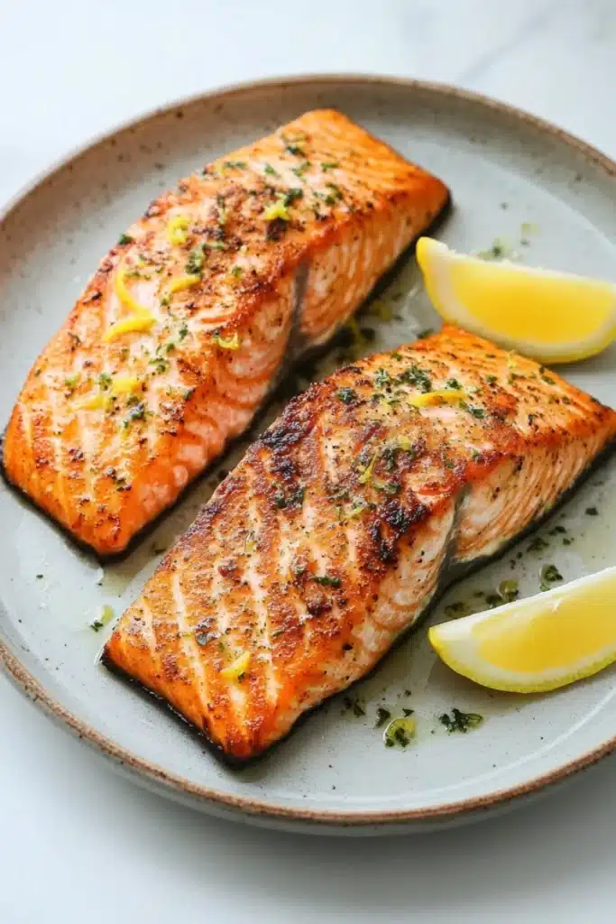 Air fryer salmon lemon - the image shows two pieces of salmon on a gray plate. the salmon is cooked to a golden brown color and appears to be seasoned with herbs and spices. there are two lemon wedges on the plate, one on each side of the salmon. the plate is sitting on a white marble countertop. the background is blurred, making the salmon the focal point of the image.