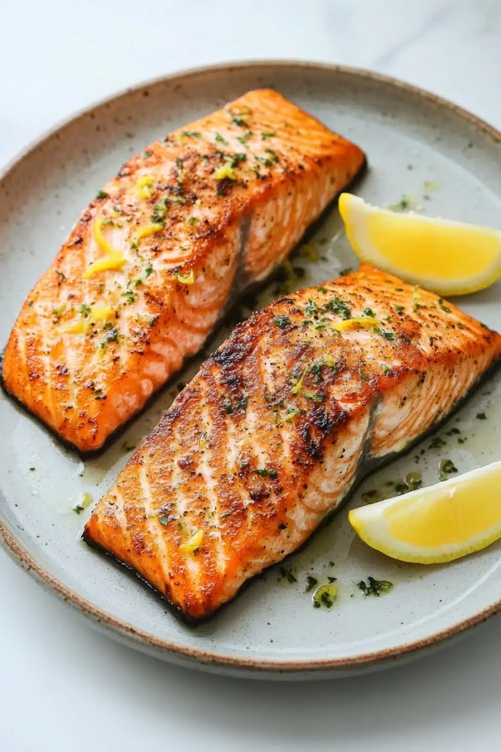 Air fryer salmon lemon - the image shows two pieces of salmon on a gray plate. the salmon is cooked to a golden brown color and appears to be seasoned with herbs and spices. there are two lemon wedges on the plate, one on each side of the salmon. the plate is sitting on a white marble countertop. the background is blurred, making the salmon the focal point of the image.