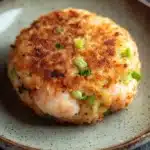 Air fryer shrimp patties - the image shows a round, golden-brown dish on a light green plate. the dish appears to be a type of crab cake, with a crispy exterior and a soft, fluffy interior. it is garnished with chopped green onions, adding a pop of color to the dish. the plate is sitting on a dark, textured surface, possibly a table or countertop.