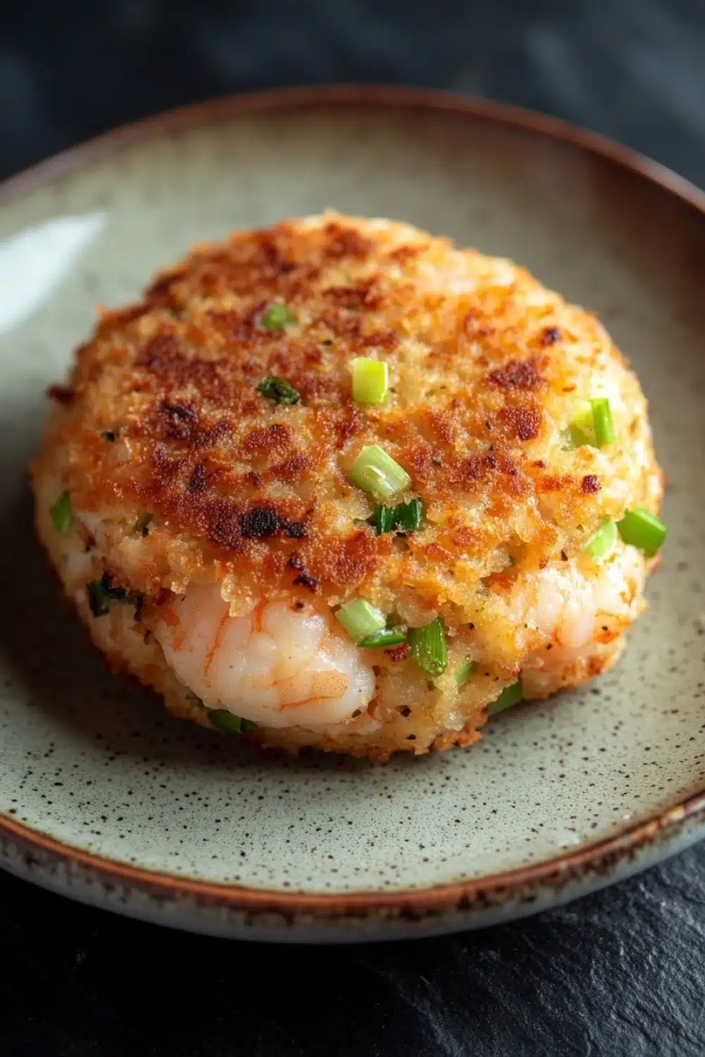 Air fryer shrimp patties - the image shows a round, golden-brown dish on a light green plate. the dish appears to be a type of crab cake, with a crispy exterior and a soft, fluffy interior. it is garnished with chopped green onions, adding a pop of color to the dish. the plate is sitting on a dark, textured surface, possibly a table or countertop.