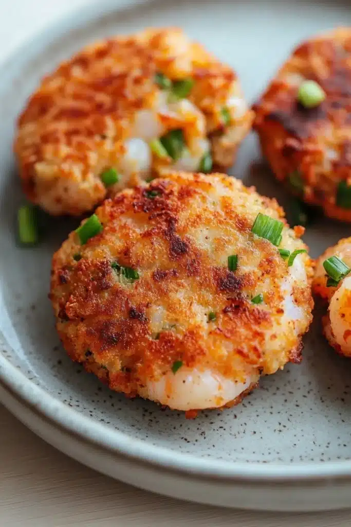 Air fryer shrimp patties - the image shows a plate of four crab cakes. the crab cakes are golden brown and appear to be crispy on the outside. they are garnished with chopped green onions. the plate is white with a speckled pattern and is sitting on a wooden table. the background is blurred, but it appears to be a kitchen countertop.