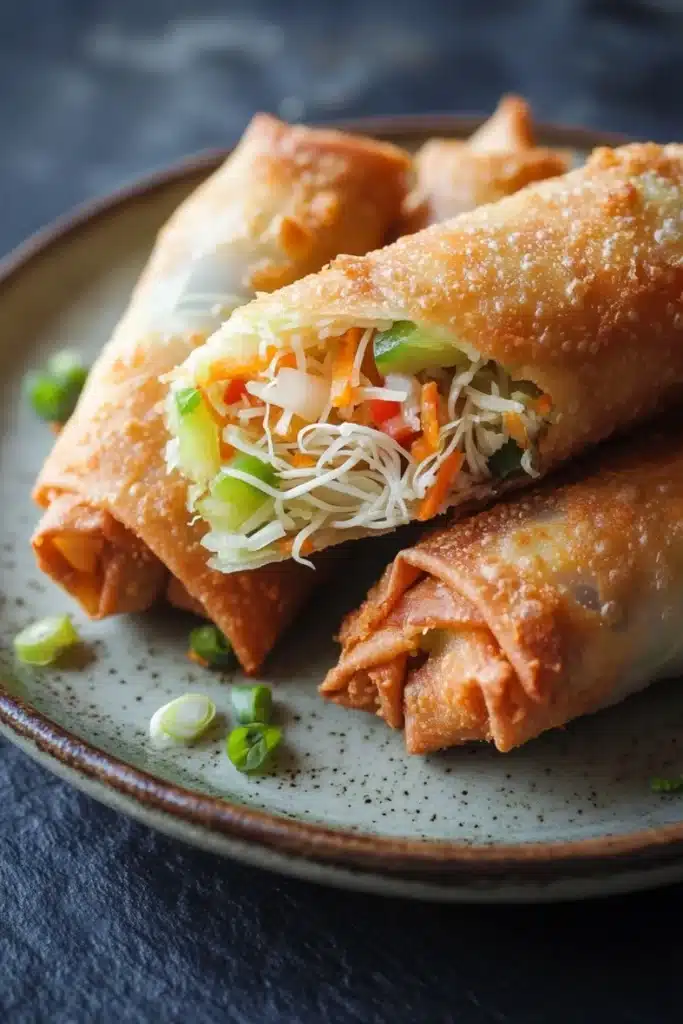 Air fryer vegetable spring rolls - the image shows a plate with three spring rolls on it. the spring rolls are golden brown and appear to be crispy on the outside. they are filled with a variety of vegetables, including carrots, green onions, and shredded cheese. the plate is garnished with chopped green onions. the background is a dark blue tablecloth.